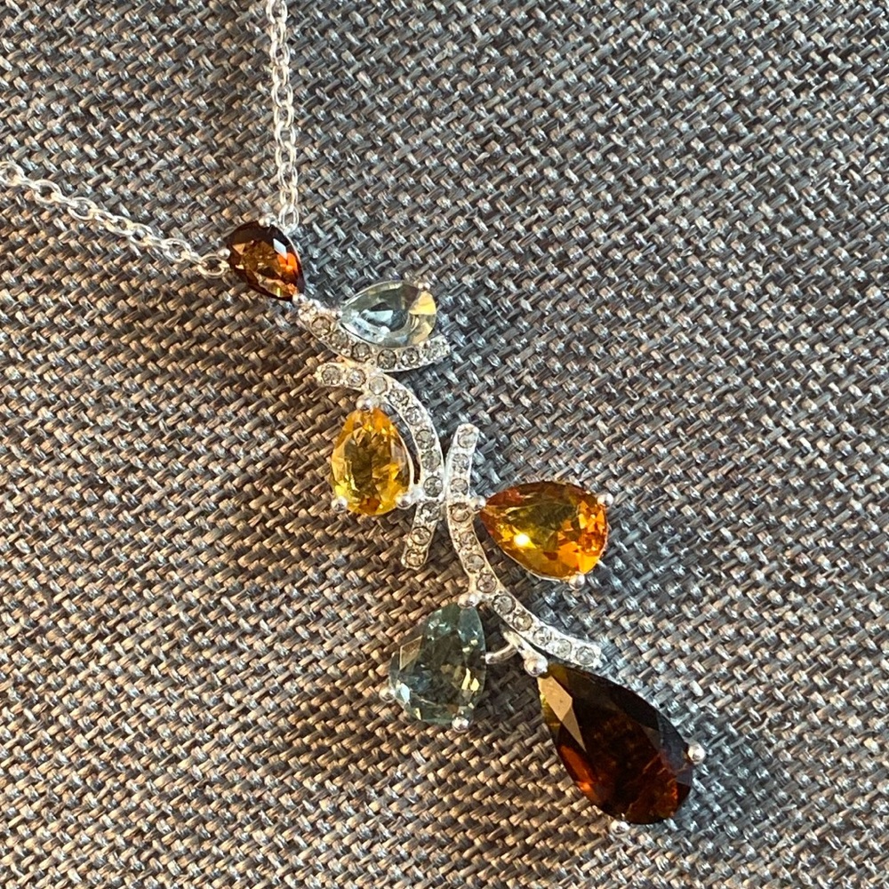 NVG Crystal Rhinestone Branch Pendant Necklace Amber Blue Silver Tone